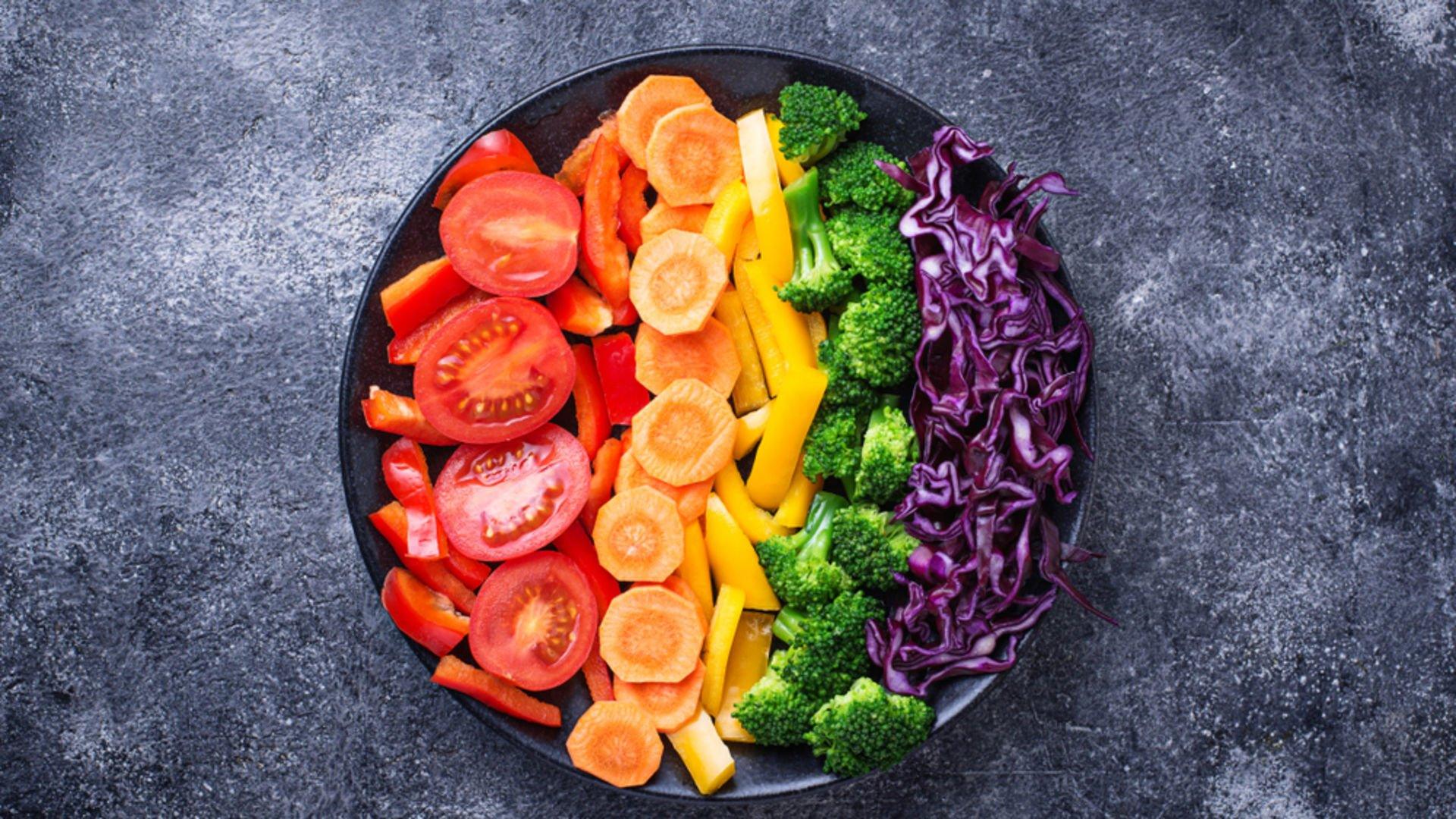 Colourful plate: a rainbow of vegetables, fruits and vitamins